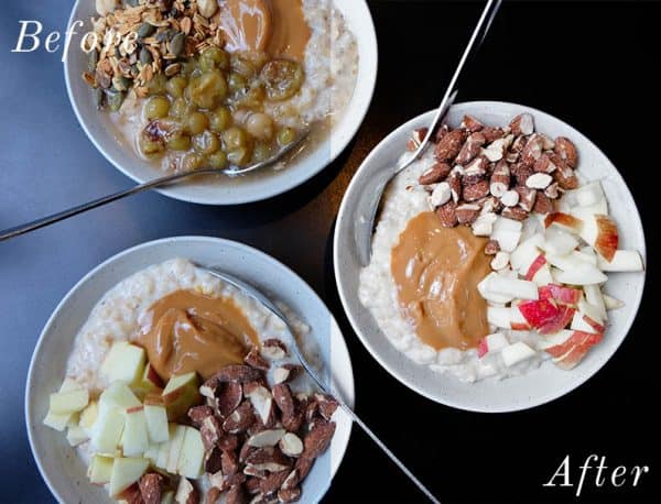 before and after image of three bowls of oatmeal