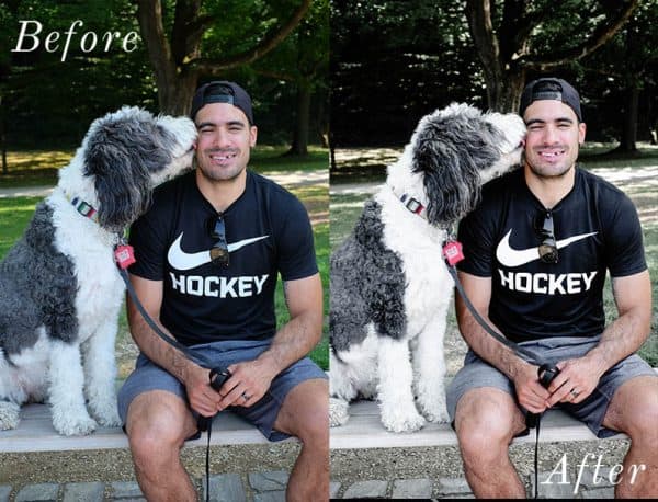 Before and after image of a dog kissing a man