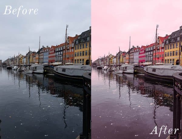 Before and After showing the effect that a preset has on an image. Image is of a boat canal