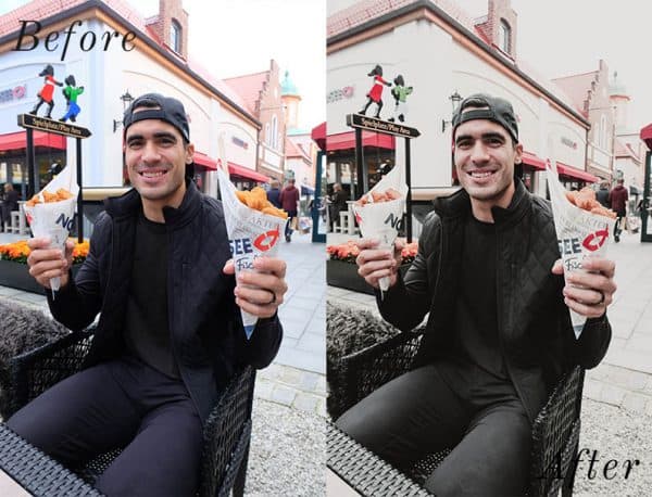 Before and after image of man holding up fish and chips smiling