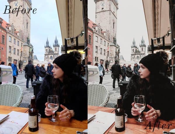 Before and after image of girl wearing a toque drinking outside on a patio