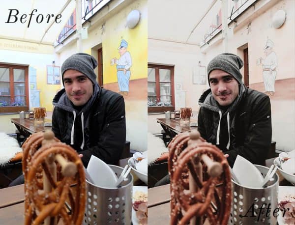 Before and after image of man sitting beside pretzals at a restaurant