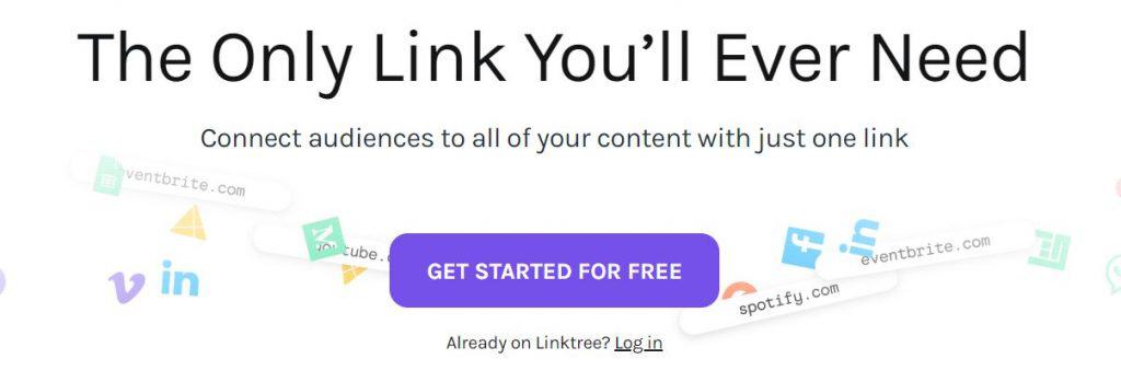 Screenshot of Linktree's banner on their website with a big purple button that says "Get started for free"