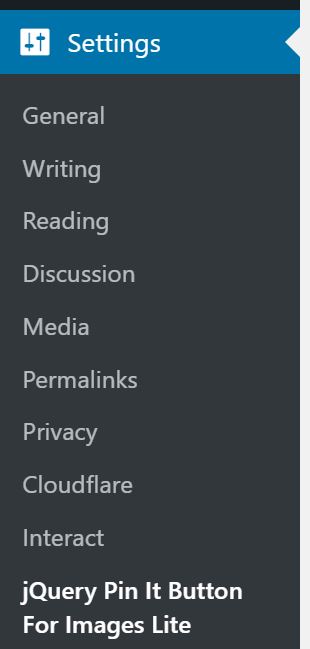 Screenshot of settings in WordPress with the jQuery Pin It button highlighted