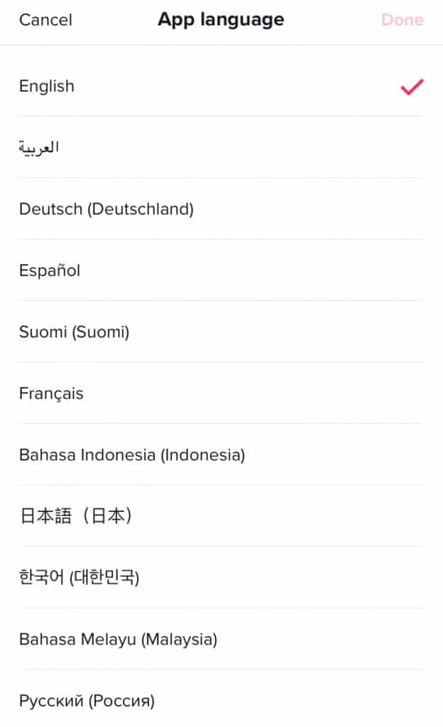 Screenshot of TikTok language selection