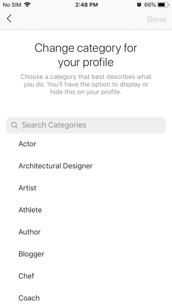 A screenshot of a list of categories to choose from for your Instagram business account