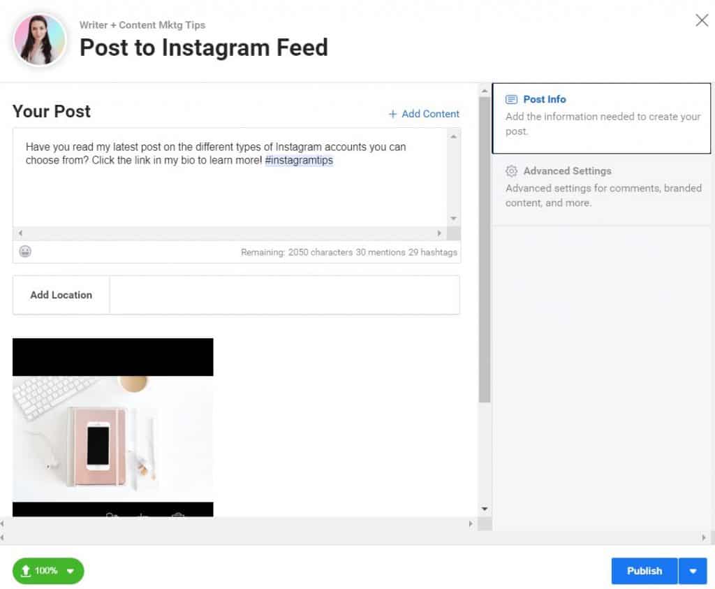 A screenshot of the Facebook creator studio to schedule an Instagram post