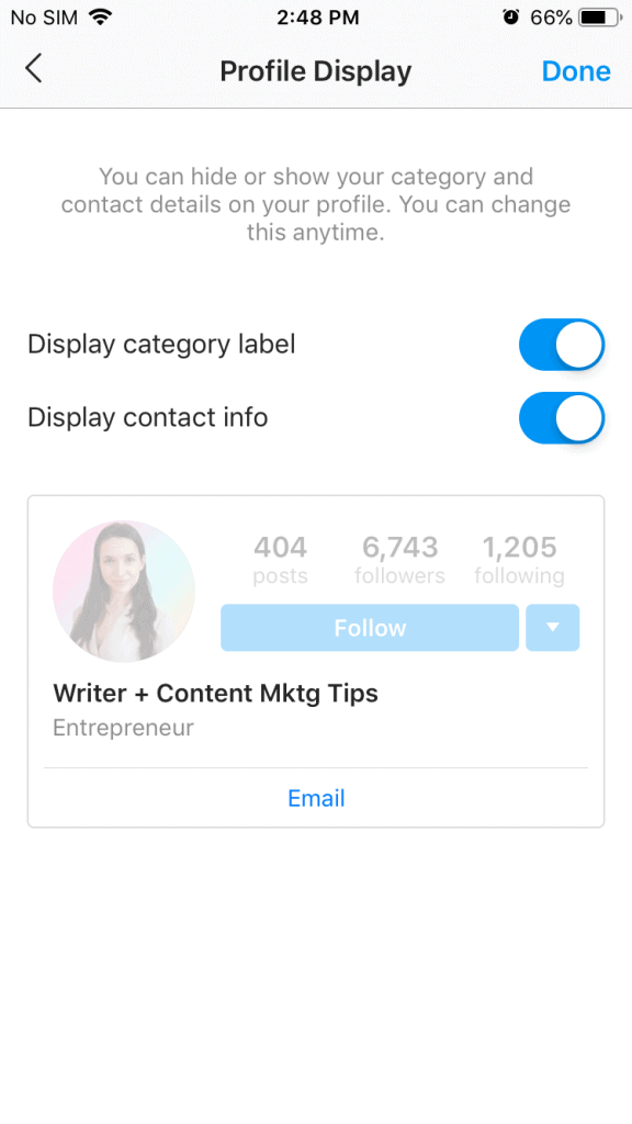 A screenshot of where you can edit your Instagram profile to turn off categories and contact information