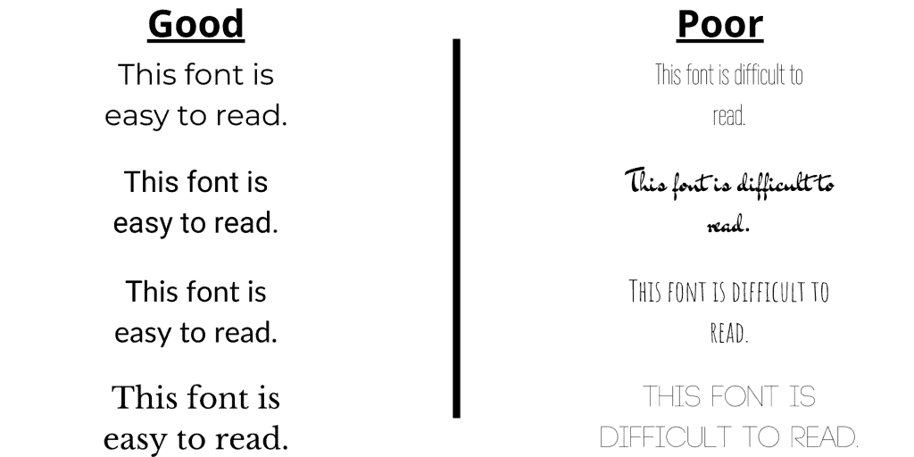 A photo of text on the left that reads: this font is easy to read. Written in legible font. On the right it says "this font is difficult to read" written in illegible font.