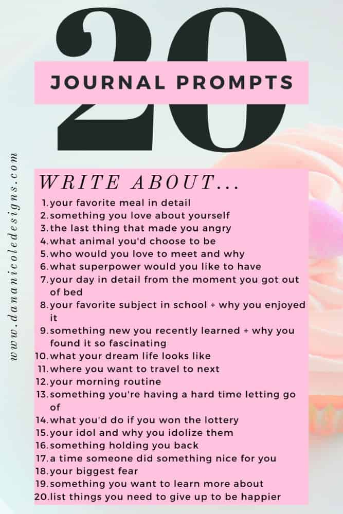 Photo with 20 different ideas for journal prompts
